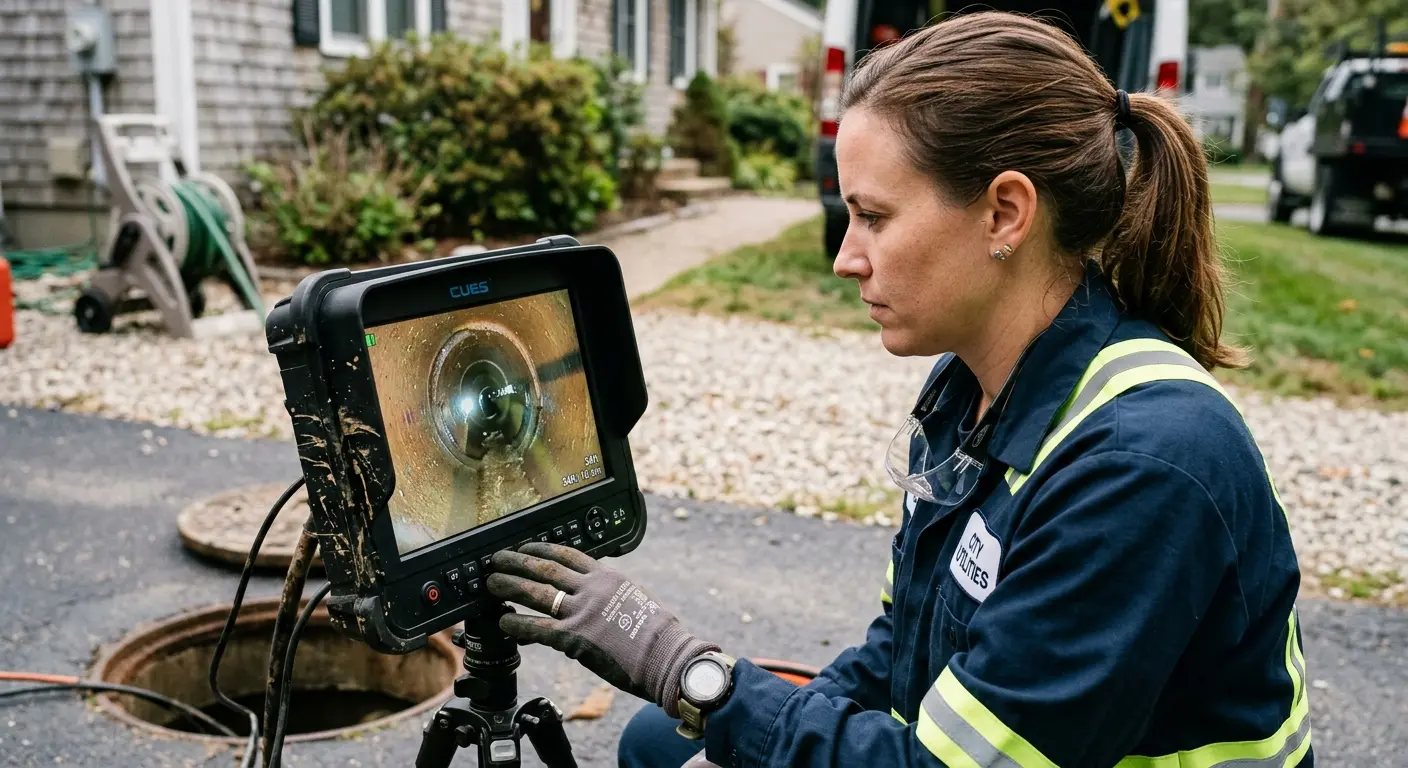 Technician reviewing sewer camera inspection footage in Seminole