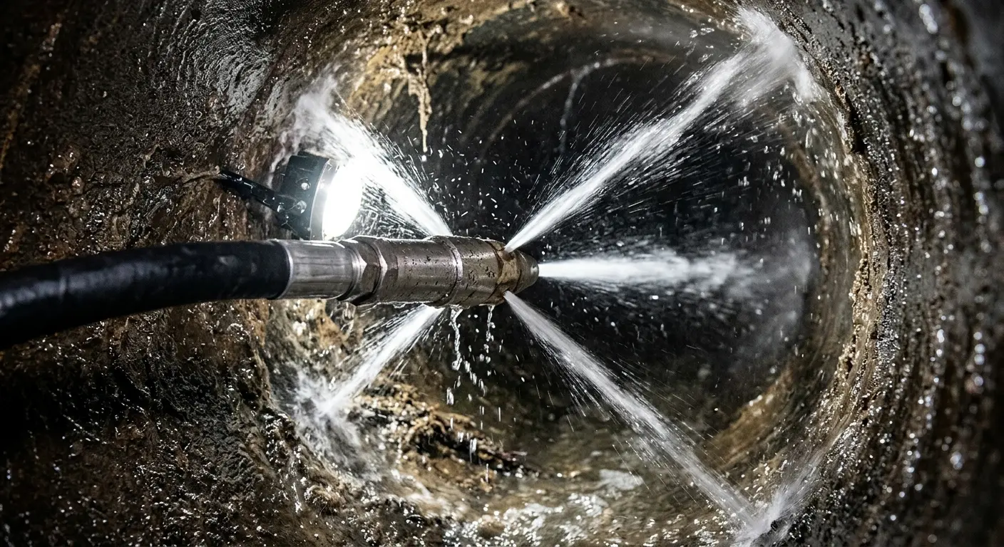 High-pressure hydro jetting nozzle cleaning sewer pipe for Emergency Drain Service in Seminole