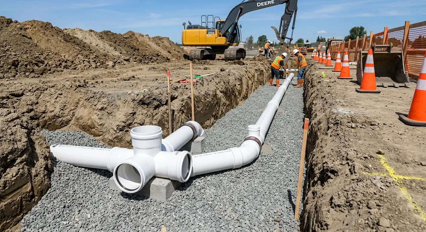 New PVC sewer pipe installation in open trench for Sewer Backup in Seminole