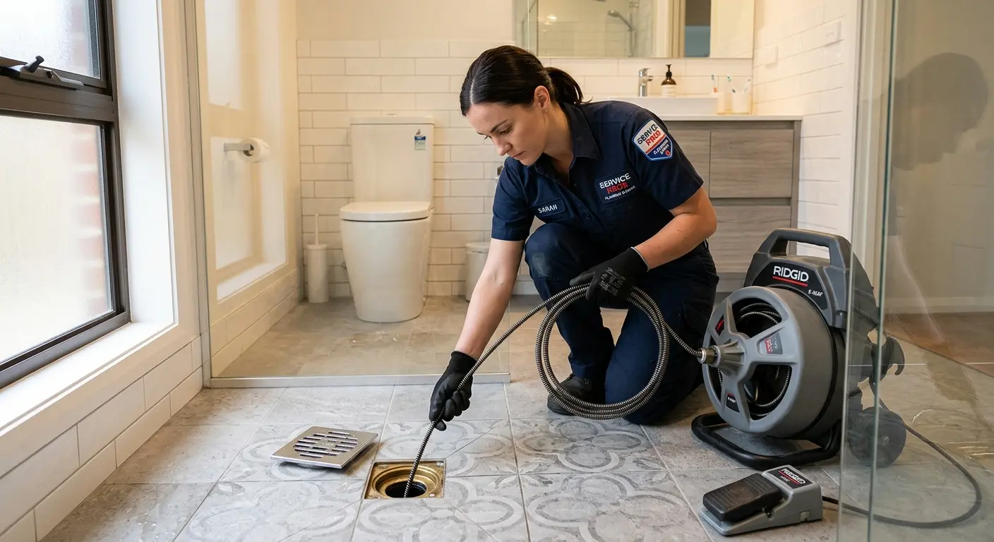 Technician clearing a bathroom floor drain for Clogged Drain Repair in Seminole